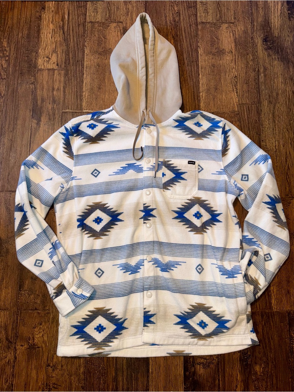 Men's White & Blue Aztec Snap Button Hoodie Size L